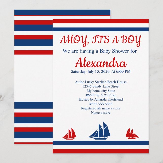 Nautical Ahoy It's A Boy Red Navy Baby Shower Announcement (Front/Back)