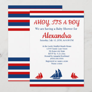 Nautical Ahoy It's A Boy Red Navy Baby Shower Announcement