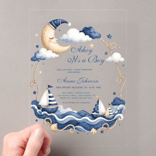 Nautical Ahoy It's a Boy Sailboat Moon Baby Shower Acrylic Invitations