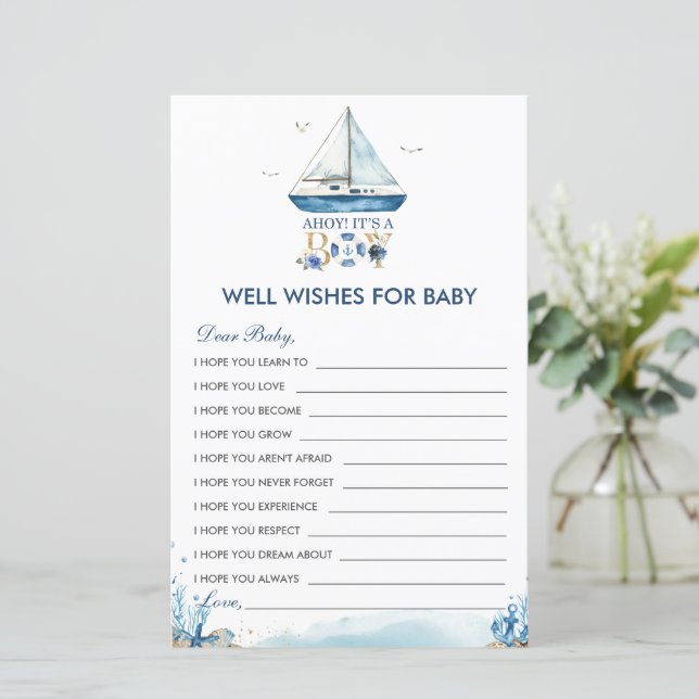 Nautical Ahoy It's a Boy Well Wishes for Baby Card (Standing Front)
