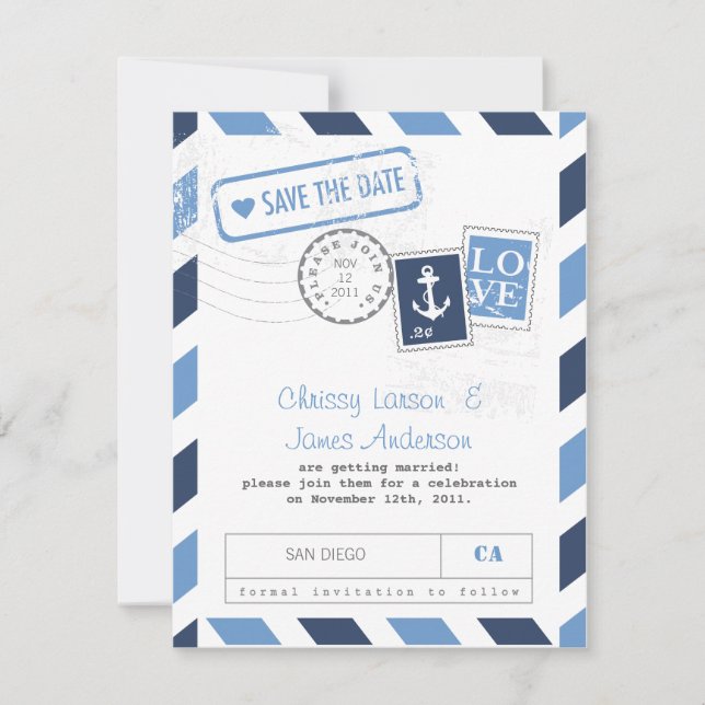 Nautical Airmail Card Save the Date (Front)