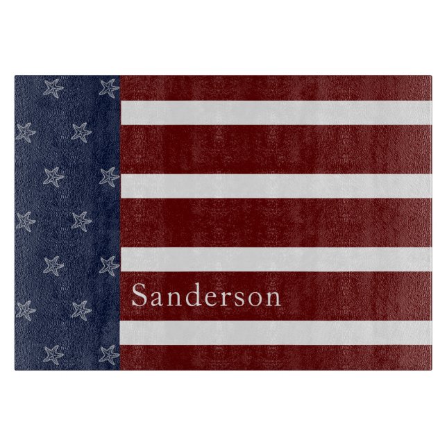 Nautical American Flag Red White Blue Starfish Cutting Board (Front)