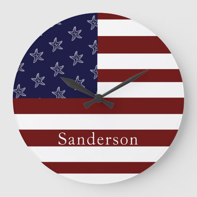 Nautical American Flag Red White Blue Starfish   Large Clock (Front)