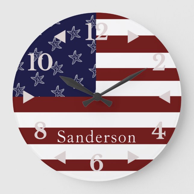 Nautical American Flag Red White Blue Starfish    Large Clock (Front)