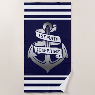 Nautical Anchor 1st Mate Name Navy White Stripe Beach Towel