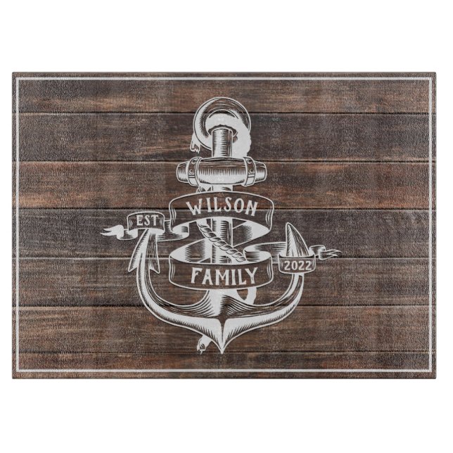 Nautical Anchor and Compass Family Name Wood  Corn Cutting Board (Front)