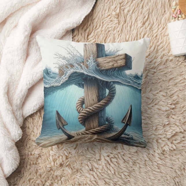 Nautical Anchor and Cross In Ocean Water Cushion (Blanket)