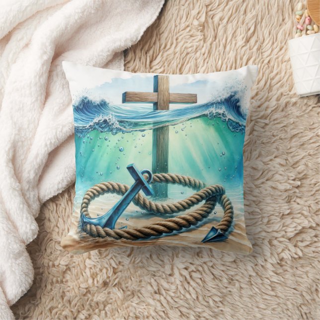 Nautical Anchor and Cross In Ocean Water Cushion (Blanket)