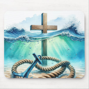 Nautical Anchor and Cross In Ocean Water Mouse Mat