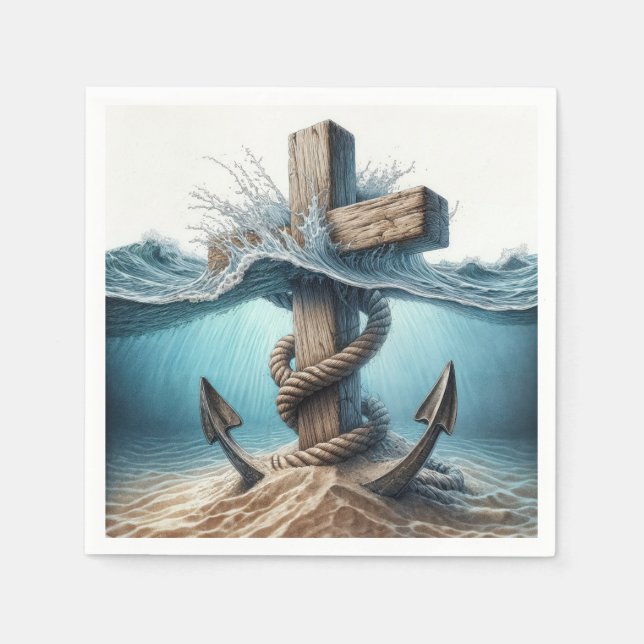 Nautical Anchor and Cross In Ocean Water Napkin (Front)