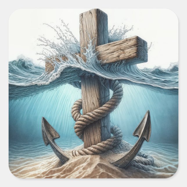 Nautical Anchor and Cross In Ocean Water Square Sticker (Front)