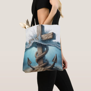 Nautical Anchor and Cross In Ocean Water Tote Bag