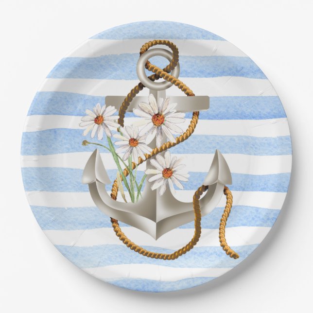 Nautical Anchor and Daisies Paper Plate (Front)