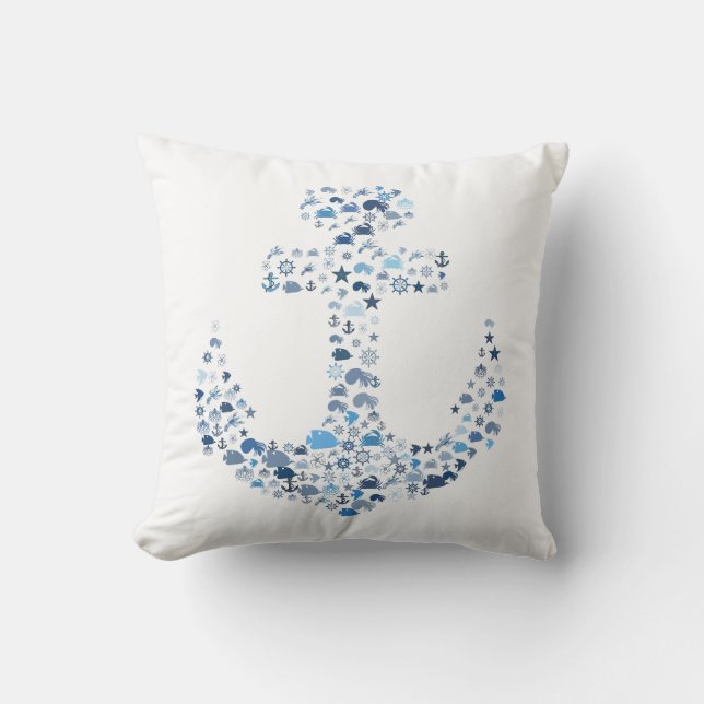 Nautical Anchor and Fish Home Decor Throw Pillow (Front)