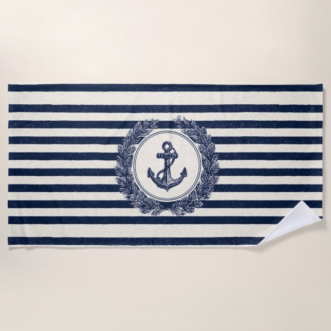 Nautical Anchor and Laurel Wreath on Navy Stripes Beach Towel (Front)