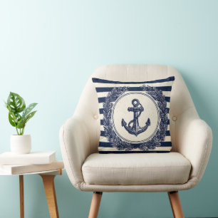 Nautical Anchor and Laurel Wreath on Navy Stripes Cushion