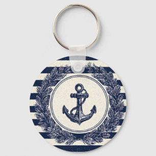 Nautical Anchor and Laurel Wreath on Navy Stripes Key Ring