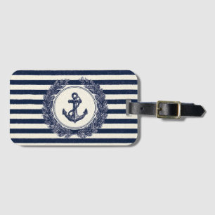 Nautical Anchor and Laurel Wreath on Navy Stripes Luggage Tag
