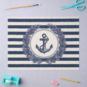 Nautical Anchor and Laurel Wreath on Navy Stripes Tissue Paper