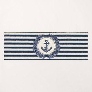 Nautical Anchor and Laurel Wreath on Navy Stripes Yoga Mat