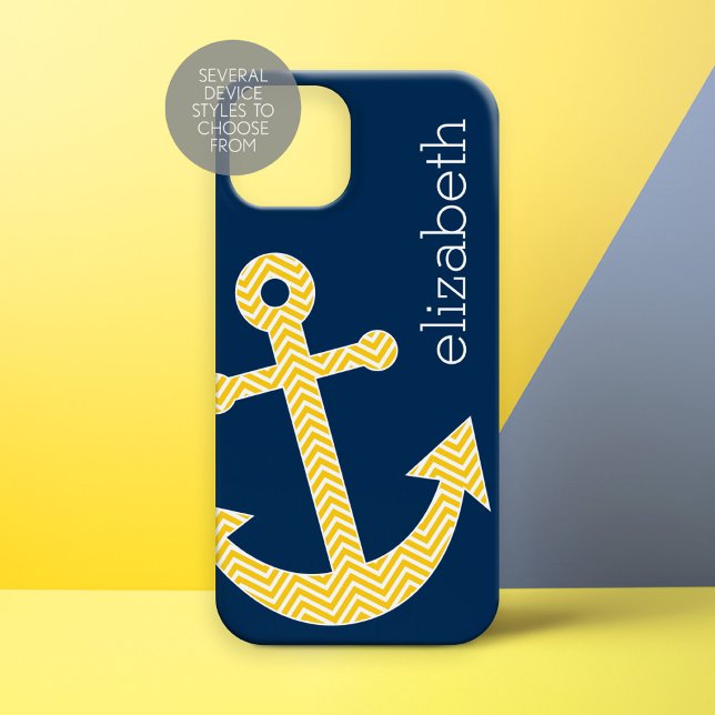 Nautical Anchor and Navy Yellow Chevron Pattern Case-Mate iPhone Case (Personalized Phone Case - Nautical Anchor)