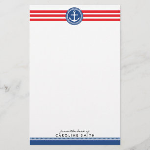 Nautical anchor and red stripes personalised stationery
