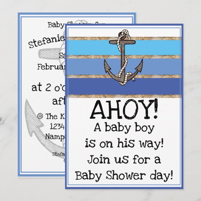 Nautical Anchor and Rope Boy Baby Shower (blue) Invitation (Front/Back)