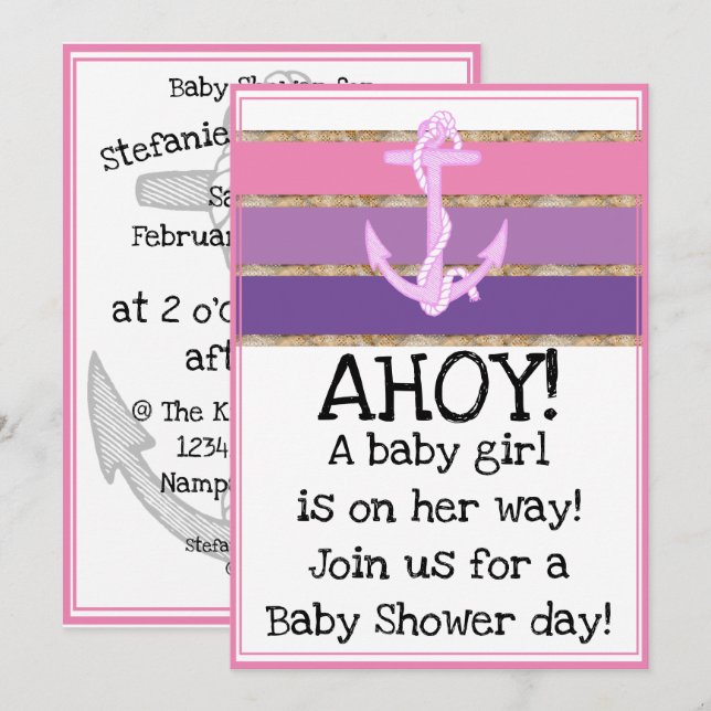 Nautical Anchor and Rope Girl Baby Shower (pink) Invitation (Front/Back)
