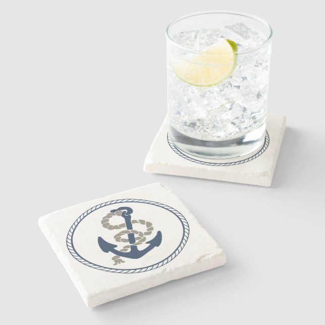 Nautical Anchor And Rope In Blue And White Stone Coaster (Side)