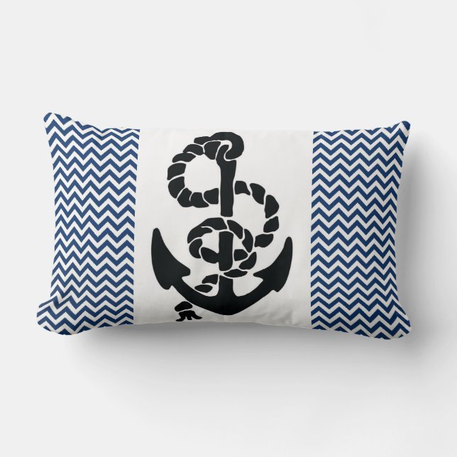 NAUTICAL /ANCHOR AND ROPE,NAVY BLUE WHITE CHEVRONS LUMBAR CUSHION (Front)