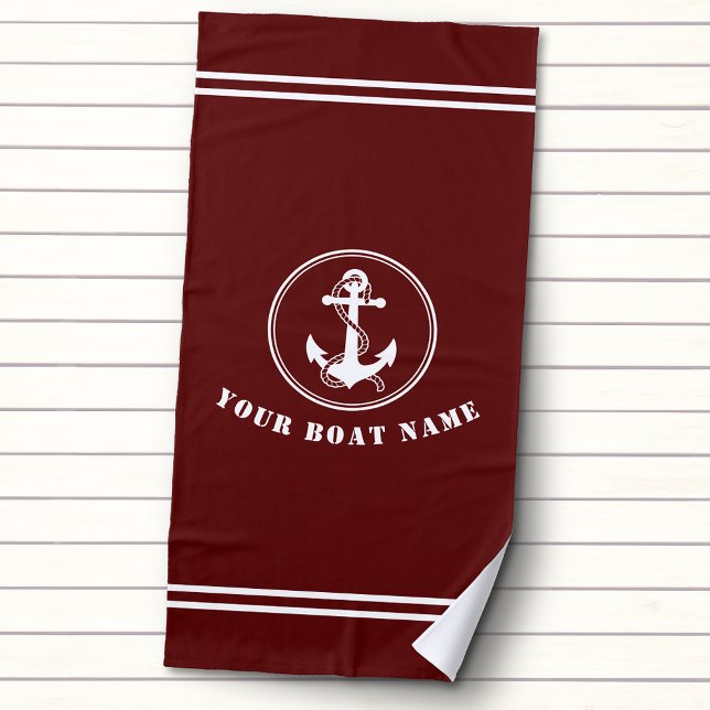 Nautical Anchor and Rope with Boat Name Deep Red Beach Towel (Creator Uploaded)