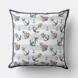 Nautical Anchor and Ship Wheel Blue Striped Cushion