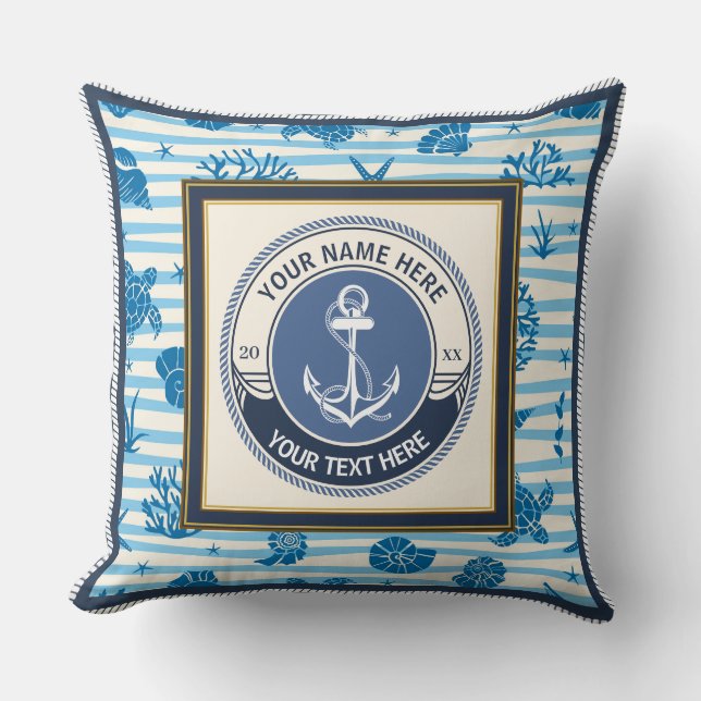 Nautical Anchor and Ship Wheel Custom Striped Cushion (Front)