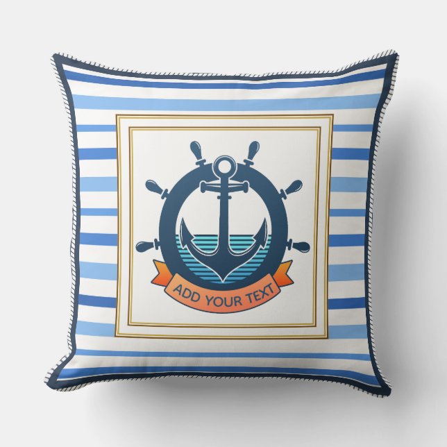 Nautical Anchor and Ship Wheel Custom Striped Cushion (Front)