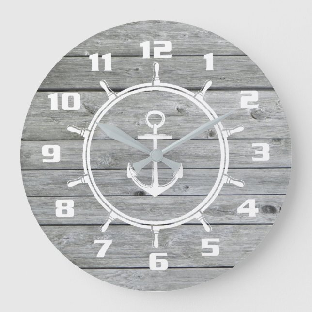 Nautical Anchor and Ship wheel On Old Wood Pattern Large Clock (Front)