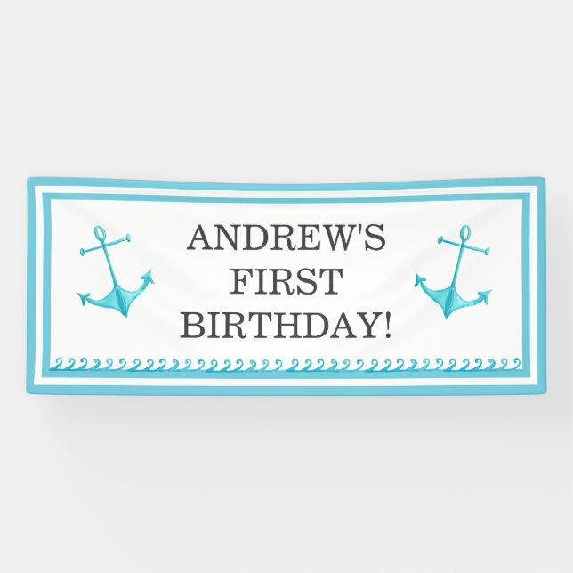 Nautical Anchor and Waves Sky Blue First Birthday Banner (Horizontal)