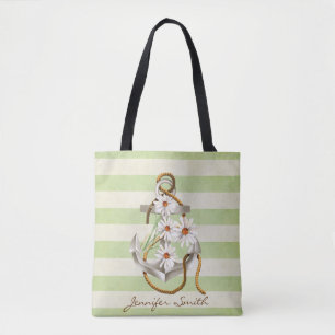 Nautical anchor and white daisy bouquet tote bag