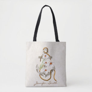 Nautical anchor and white daisy bouquet tote bag