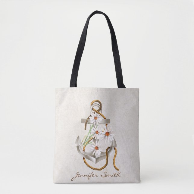 Nautical anchor and white daisy bouquet tote bag (Front)