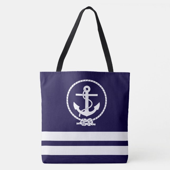 Nautical Anchor and White Stripe Pattern Fun Tote Bag (Front)