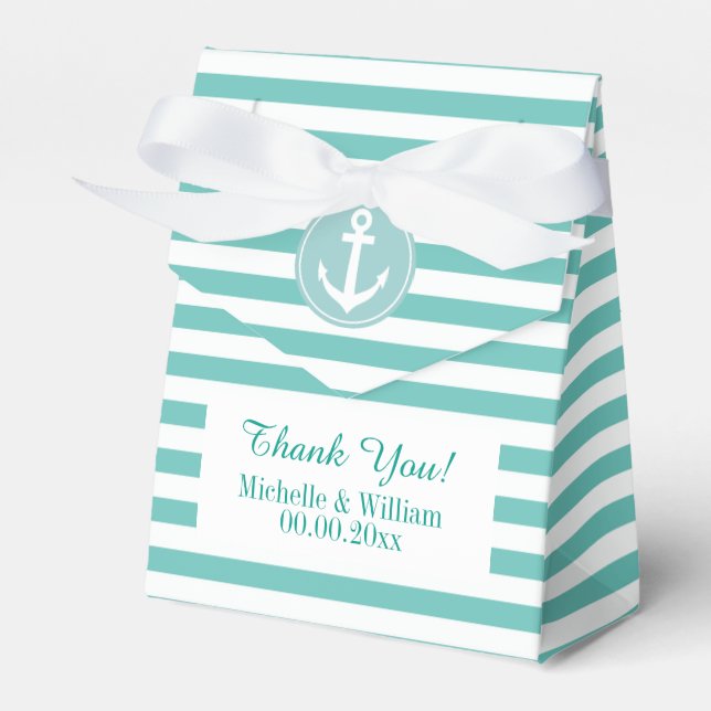 Nautical anchor aqua blue stripe wedding favour bo favour box (Front Side)