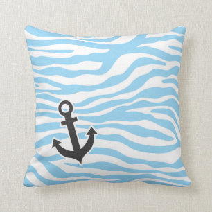 Nautical Anchor; Baby Blue Zebra Animal Print Cushion