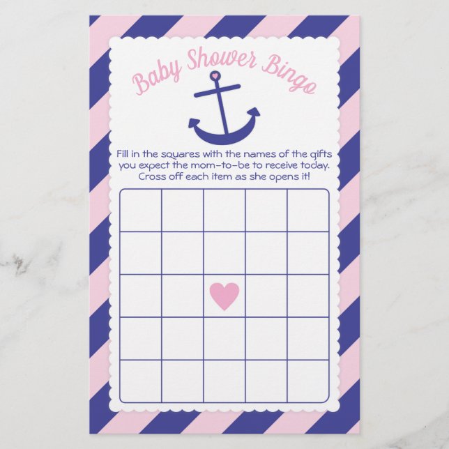 Nautical Anchor Baby Shower Bingo Game pink & navy Flyer (Front)