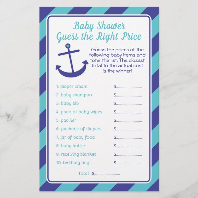 Nautical Anchor Baby Shower price game blue Flyer (Front)