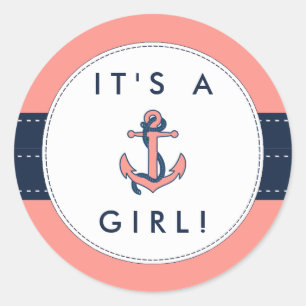 Nautical Anchor Baby Shower Stickers- It's A Girl! Classic Round Sticker