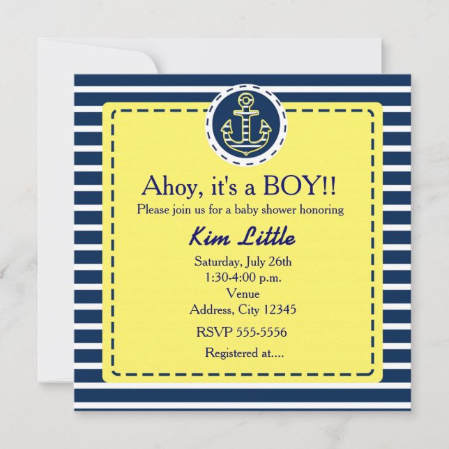 Nautical Anchor Baby Shower Yellow Blue Invitation (Front)