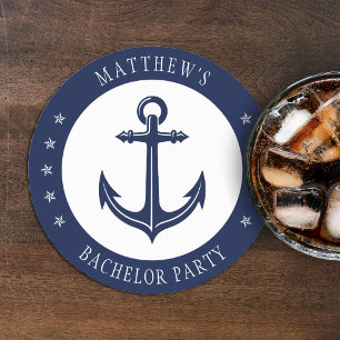 Nautical Anchor Bachelor Party Blue & White Round Paper Coaster