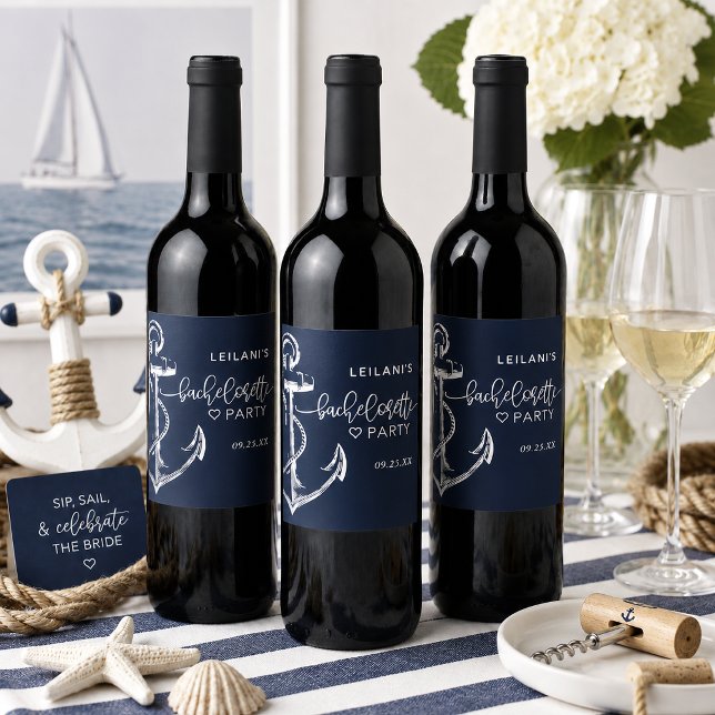 Nautical Anchor Bachelorette White Wine Label (Navy blue nautical anchor wine label for bachelorette celebration.)