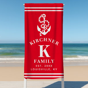 Nautical Anchor Beach House Family Name Red  Towel