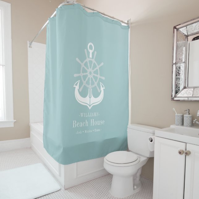 Nautical Anchor Beach House Family Name Shower Curtain (In Situ)